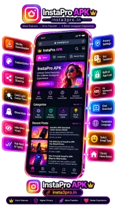 Insta Pro 3 APK mobile website illustration showing categories, recent posts, media downloader, ghost mode, privacy controls, custom themes, and app lock.