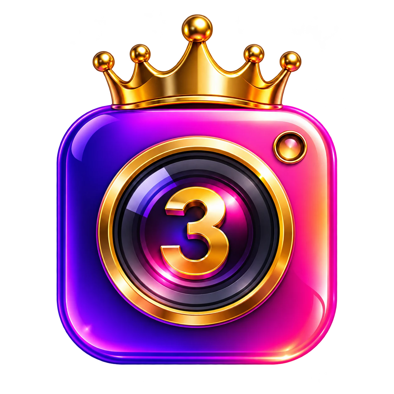 Insta Pro 3 app logo featuring a golden crown, purple and pink gradient camera icon, and golden number 3 with transparent background.