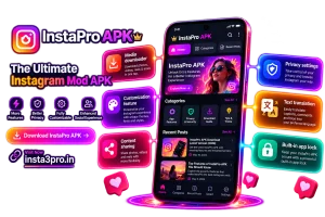 InstaPro APK features illustration showing a mobile interface, media downloader, privacy settings, customization, text translation, content sharing, and app lock.