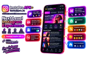 InstaPro 3 APK special features illustration showing ghost mode, custom themes, hidden story views, privacy controls, chat downloads, translation, emoji styles, and classic home button.
